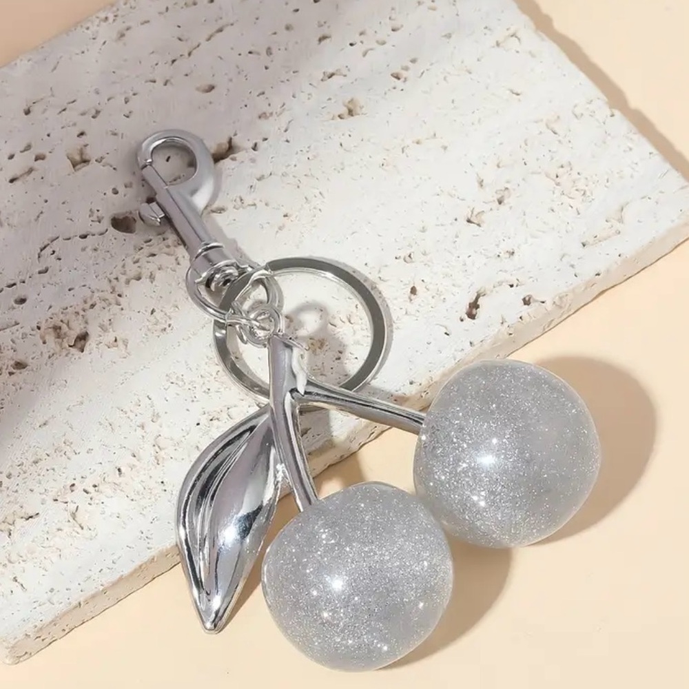 NEW! Large Silver sparkling Cherry Keychain